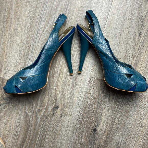 Steve Madden Leather Marlene Teal Peep Toe Heels - Picture 7 of 10